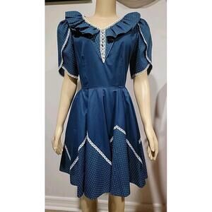 Partners Please Malco Modes Square Dance Dress Size 8 Blue White Polka Dots #CC